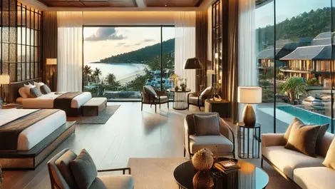 Dall e 2024 07 03 11.07.16 a modern boutique hotel with luxurious interiors and a sophisticated ambiance. the scene features elegant upscale rooms and suites fully furnished w