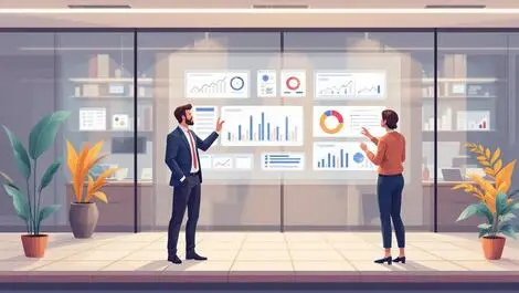 Business professionals collaborating ai driven workflows data analytics modern office