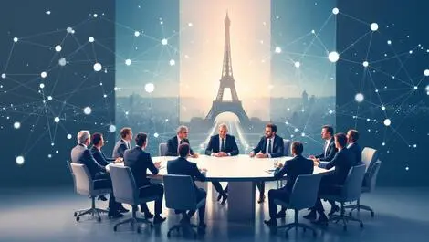 Business leaders politicians round table eiffel tower digital network connectivity
