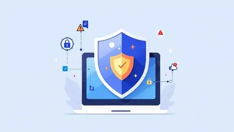 Graphic illustration shield protecting computer alert icons cybersecurity defense tools