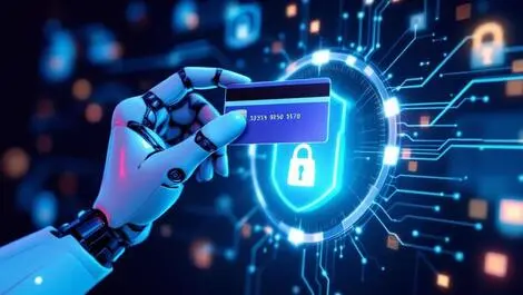 Realistic robotic hand holding credit card above digital shield for secure ai payments