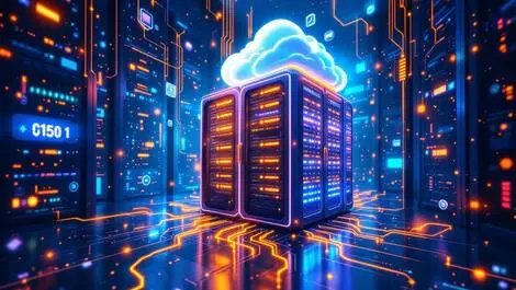 Detailed illustration advanced data servers glowing network cables modern data center