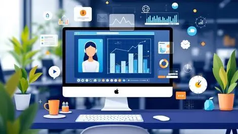 Computer screen video call digital graphs charts productivity collaboration office