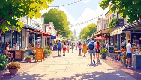 Busy australian small business street scene queensland style shops cafes people
