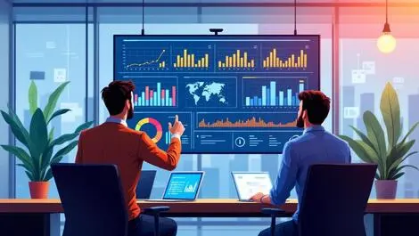 Modern office professionals analyzing colorful data visualizations dashboard
