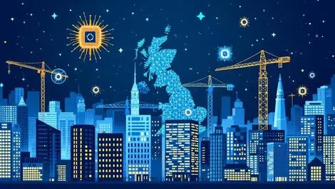 Modern uk cityscape digital network buildings cranes growth quantum chips tech advancement