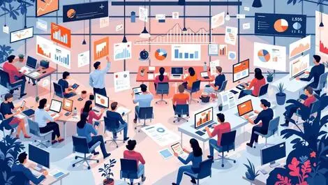 Realistic illustration busy modern australian office digital devices dynamic workflow einvoicing