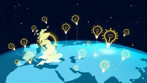 Bright lightbulb icons global map uk ireland france australia ai startups