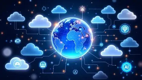 Globe with interconnected cloud icons and glowing ai nodes for tech partnerships