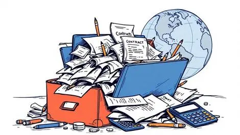 Tangled contracts pens calculators overflowing folders global inefficiency