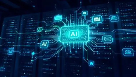 Sleek computer network dashboard ai icons interconnected server racks advanced automated network management