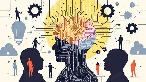 Human brain digital circuitry surrounded by silhouettes gears modern innovation