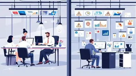 Business office split professionals working and technical staff monitoring cyber risk