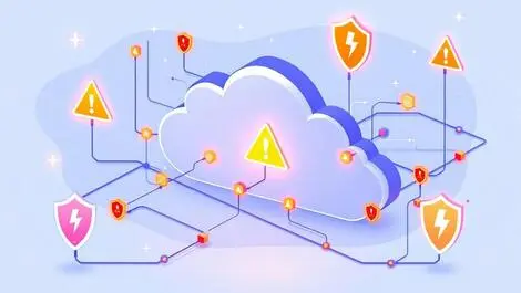 Cloud server glowing warning symbols data flow alert shields security patch