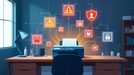 Office desk printer warning symbols cybersecurity threats global locations