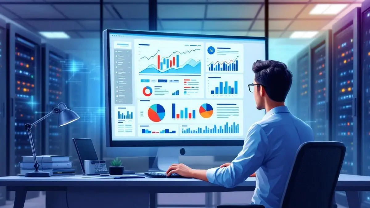Business analyst reviewing digital financial graphs data dashboards modern office