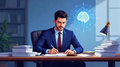 Canadian lawyer working at desk with legal documents and ai brain hologram