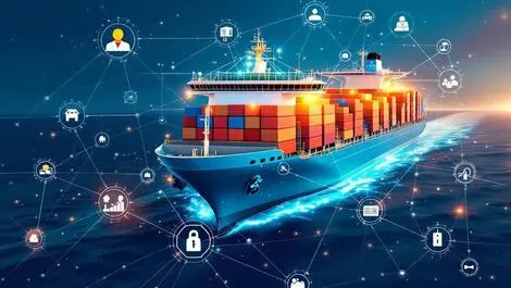 Modern cargo ship sea digital network connections data icons tech integration