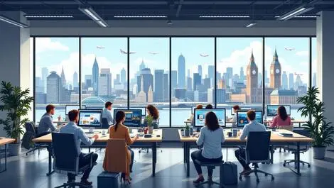 Realistic uk office employees travel websites city skyline airplanes