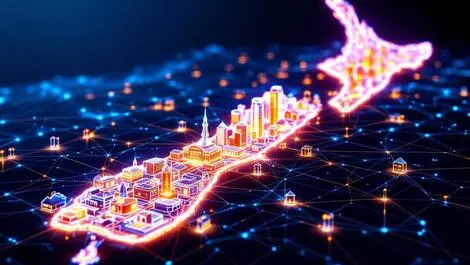 Digital map new zealand glowing lines homes businesses government cybersecurity