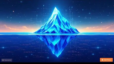 Large layered iceberg floating lake glowing data nodes real time analytics