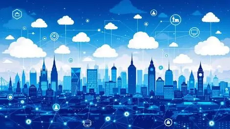Interconnected clouds digital network linking cityscape uk business tech