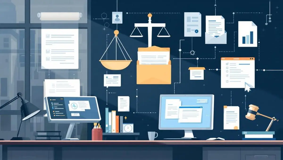 Modern law office workspace digital documents connected computer screens