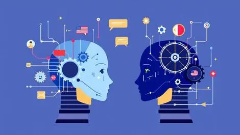 Ai robots language exchange colorful lines gears country flags specialization
