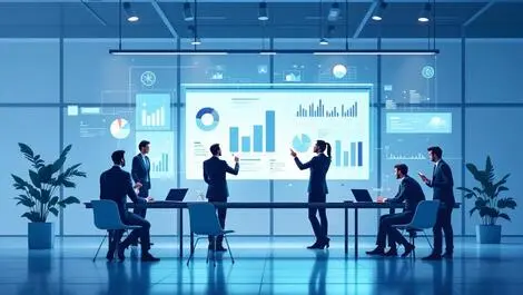 Lawyers modern office interacting digital charts graphs technology legal solutions