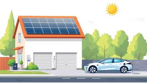Suburban home solar panels electric car charging sunny day efficiency