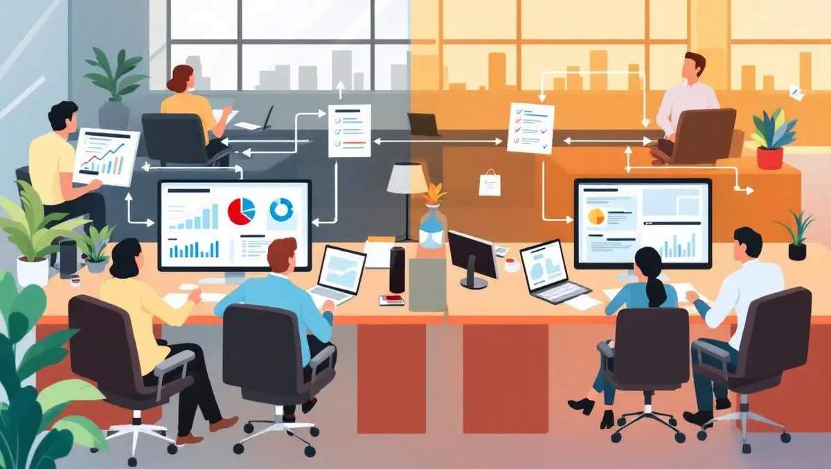 North america modern office accountants automated workflow charts computer screens