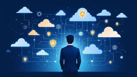 Businessperson managing digital ai risk enterprise cloud security icons