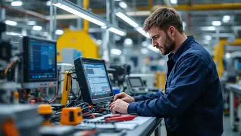 Technician in canadian industrial lab testing electronic safety equipment quality assurance