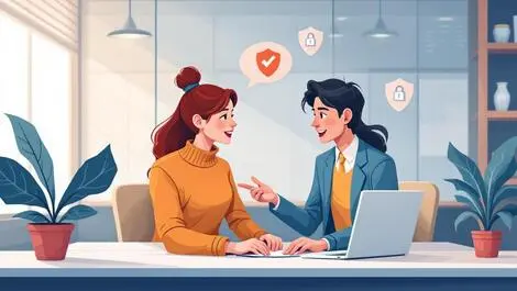 Bank customer speaking to representative over laptop with security shield symbols