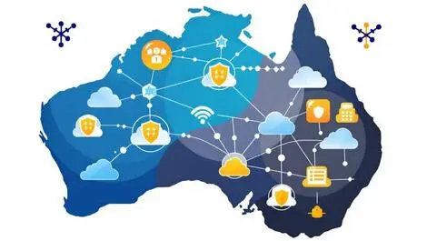 Interconnected cloud icons over australia new zealand with security shields network