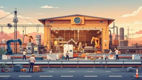 Modern australian factory workers advanced machinery assembly robotic arms landscape