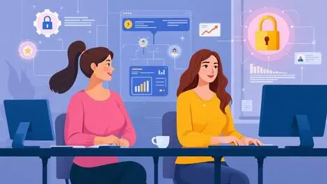 Women cybersecurity professionals working on computers digital icons modern office