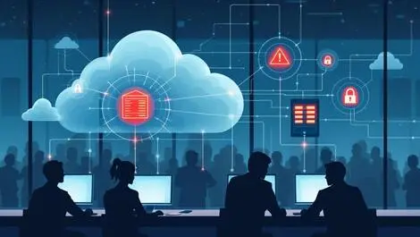 Cloud servers interconnected security breach red glowing server business office