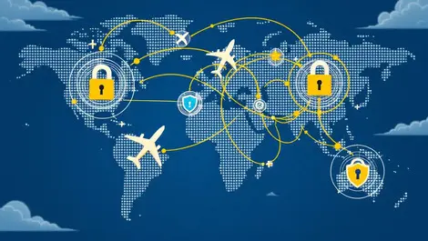 Jet airplanes flying over world map with secure digital padlocks shield icons symbolizing airline security