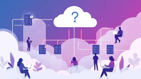 Hybrid cloud security challenges illustration with vulnerable server connections and it professionals