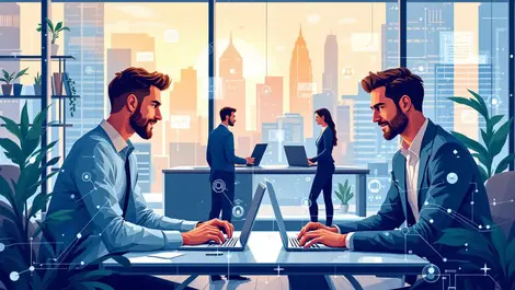 Business professionals collaborating modern canadian office ai technology data flow