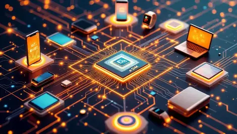 Digital esim chip connected to smartphones smartwatches tablets laptops iot circular pattern