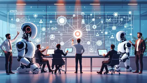 Humanoid robots business professionals collaborating ai agents automation