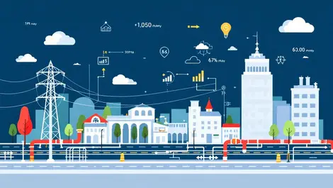 Municipal cityscape utility infrastructure water pipes power lines data flow