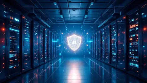 Realistic advanced data center server racks glowing monitors digital shield ai circuits