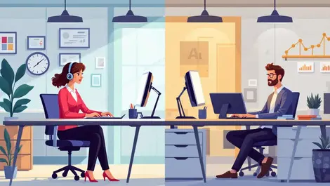 Split scene women computers vs men ai devices modern uk office environment