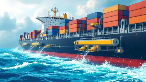 Large cargo ship ocean energy harvesting electromechanical devices waves cloudy sky