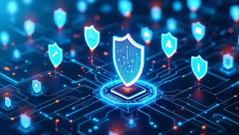 Interconnected digital shields network computer devices cybersecurity defense