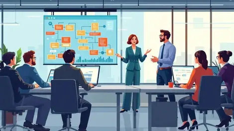 Modern office collaboration consultants discussing workflow diagrams