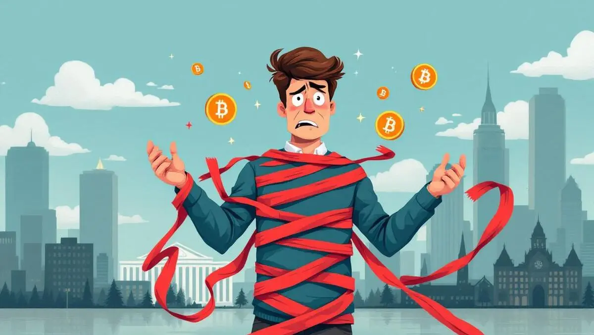 Frustrated person holding crypto symbols tangled in red tape canada regulatory obstacles